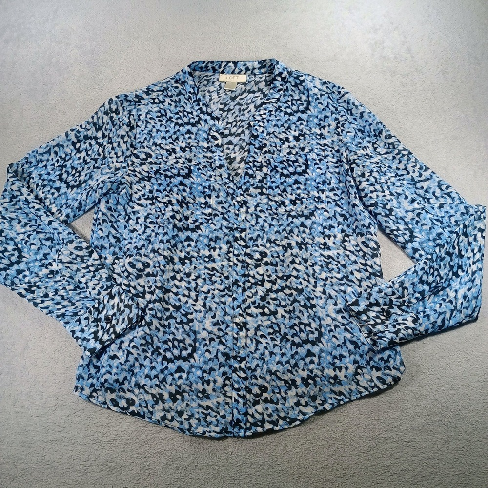 LOFT‎ Womens Blouse Blue Abstract Print XS Long Sleeve Button Front